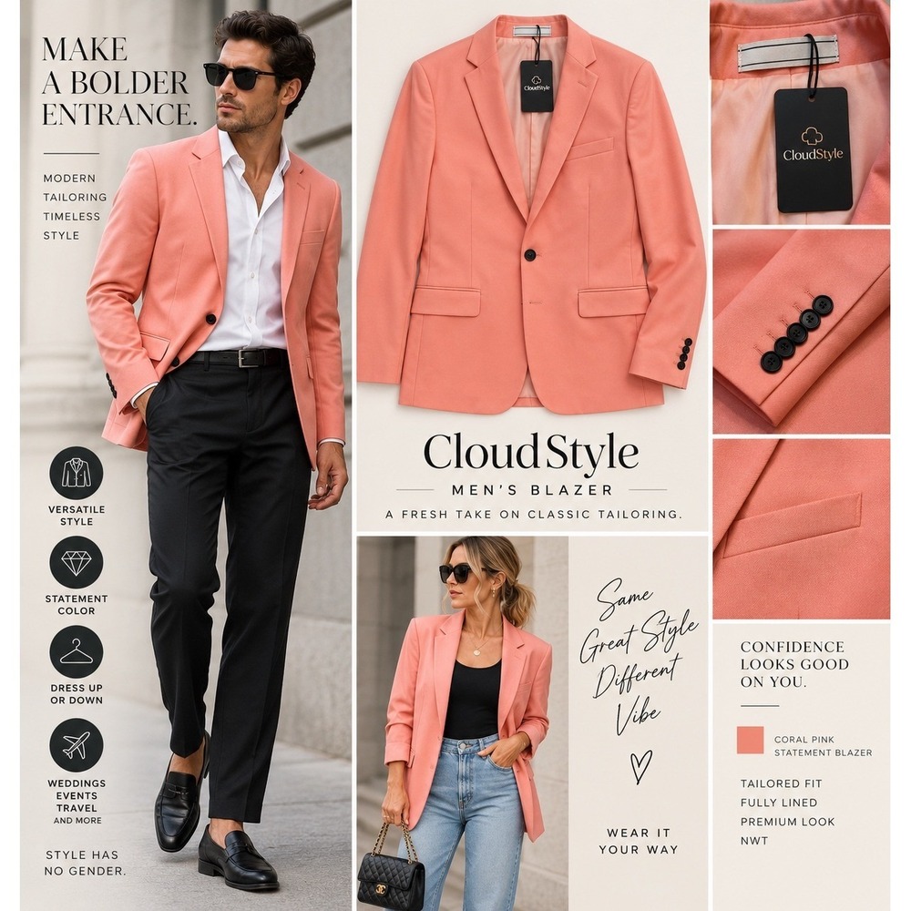 CloudStyle Mens Pink Blazer NWT Black Button Slim Fit Sport Coat Jacket Coral